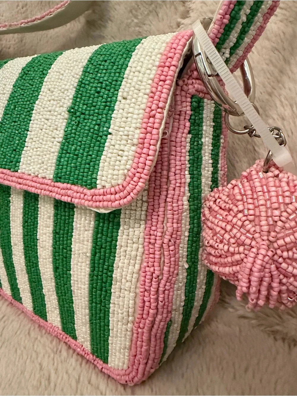 Viral TJ Maxx Beaded Bag Pink & Green Striped With Beaded Pink Charm